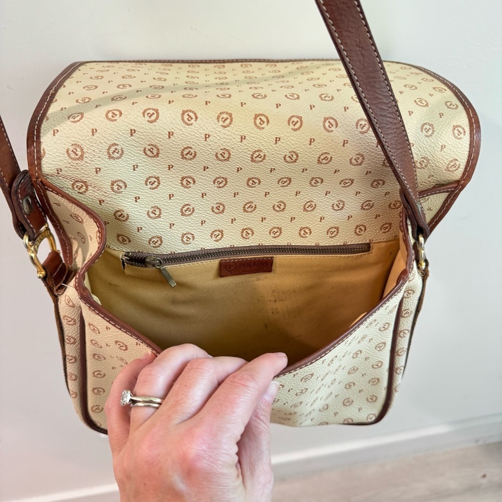 Vintage Pollini Italian Leather Logo Shoulder Bag Satchel Cream/Brown - Picture 11 of 14